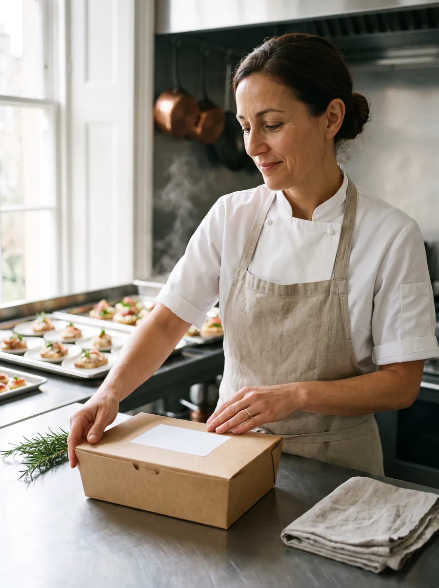 O bucătară închide o casoletă pe pasul unei bucătării de catering