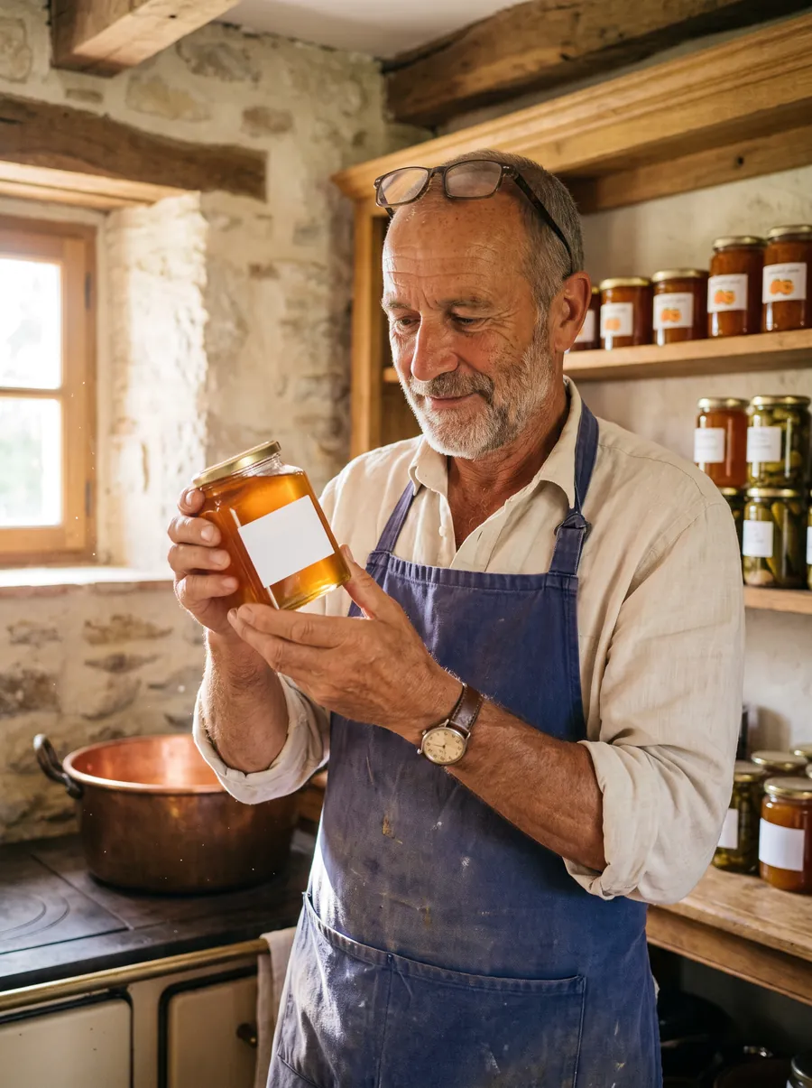 Un producător se uită la un borcan de dulceață în atelierul lui